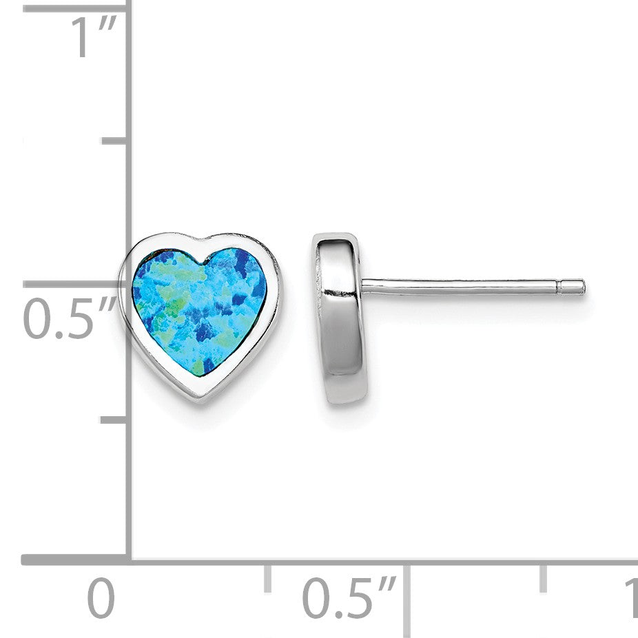 Sterling Silver Rhodium-plated 9mm Blue Created Opal Heart Post Earrings