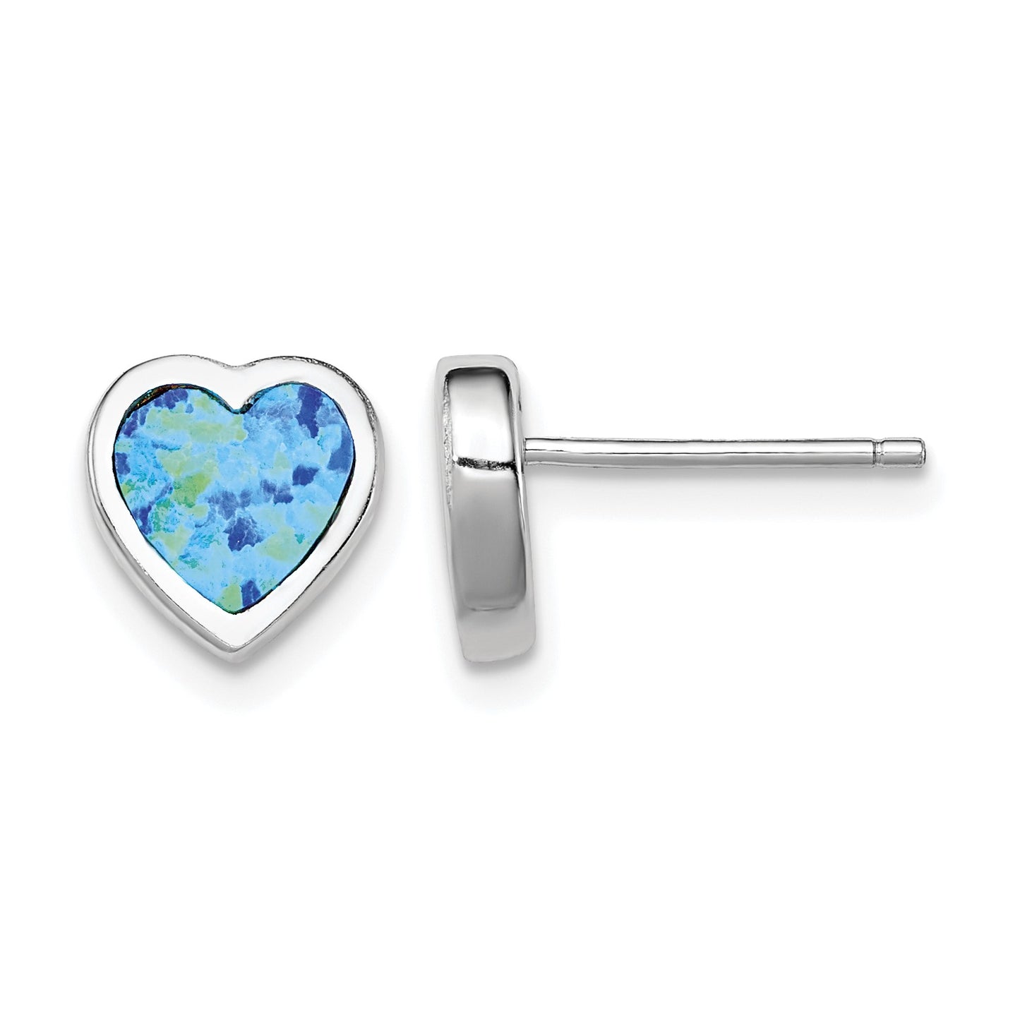 Sterling Silver Rhodium-plated 9mm Blue Created Opal Heart Post Earrings