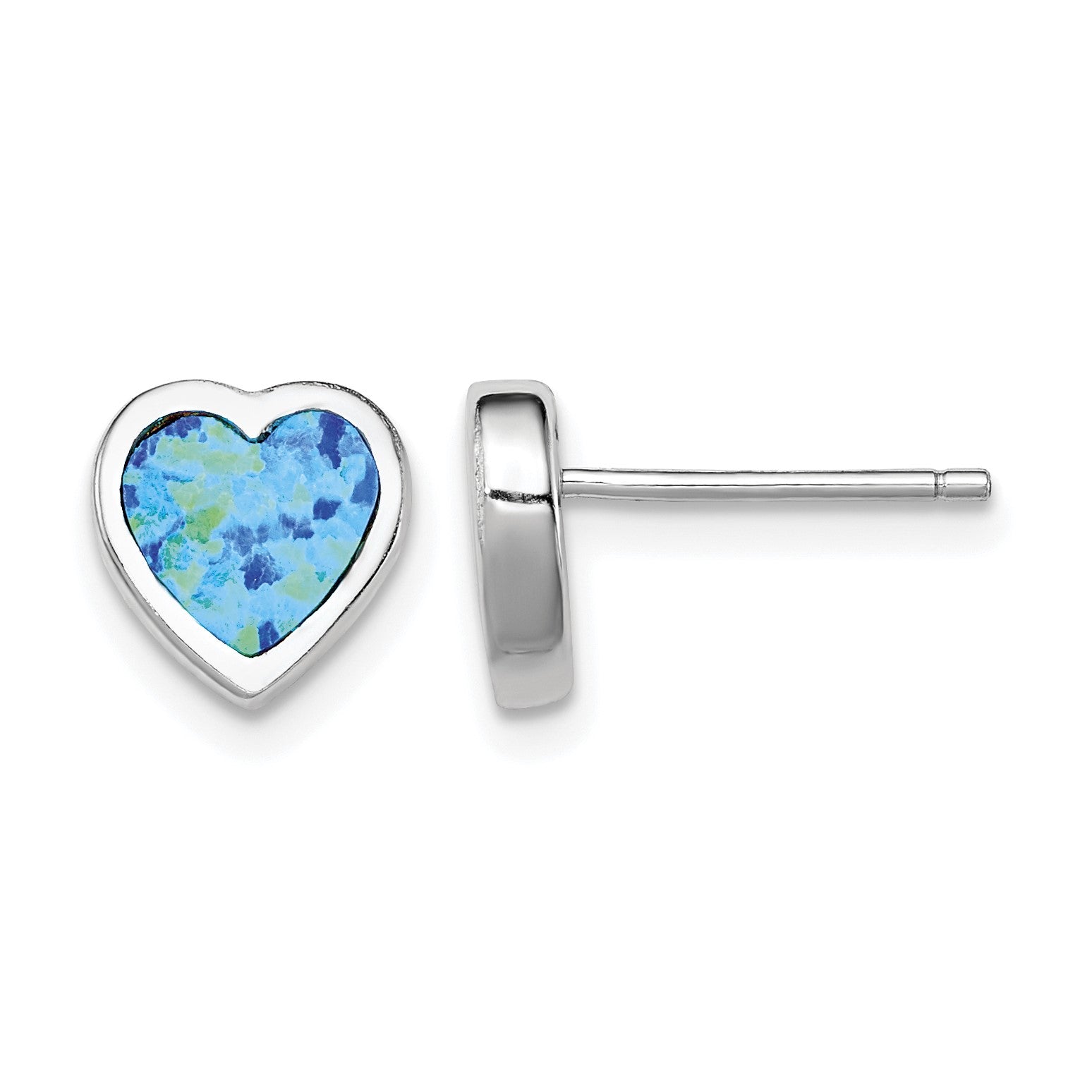 Sterling Silver Rhodium-plated 9mm Blue Created Opal Heart Post Earrings