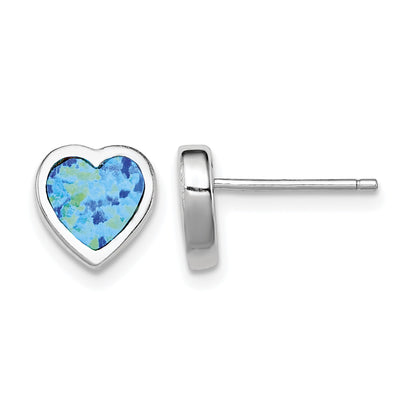 Sterling Silver Rhodium-plated 9mm Blue Created Opal Heart Post Earrings