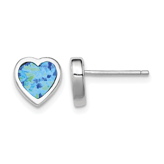 Sterling Silver Rhodium-plated 9mm Blue Created Opal Heart Post Earrings