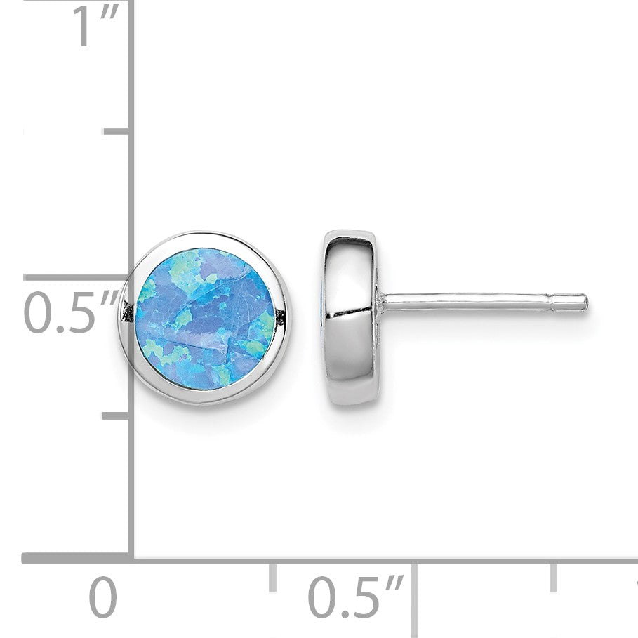 Sterling Silver RH-plated Polished Blue Created Opal Round Stud Earrings