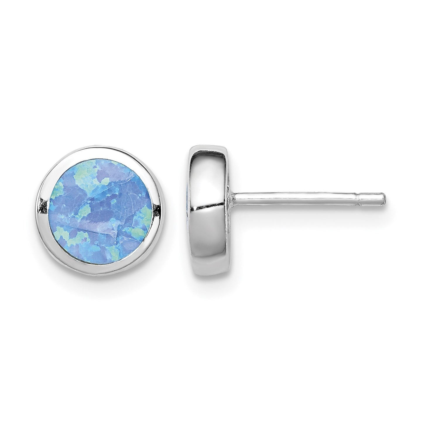 Sterling Silver RH-plated Polished Blue Created Opal Round Stud Earrings