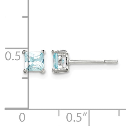 Sterling Silver Polished 4mm Square Light Blue CZ Stud Earrings