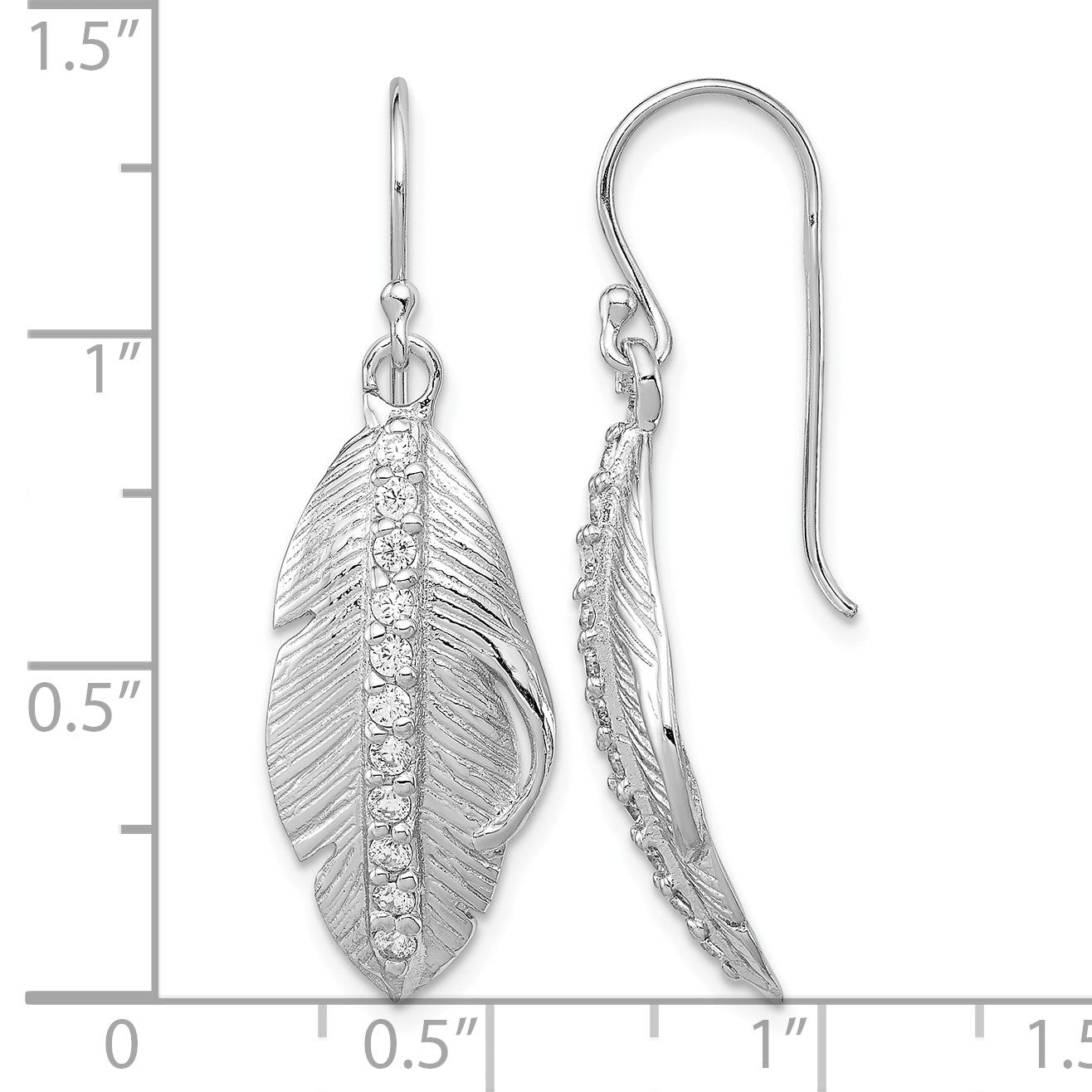 Sterling Silver RH-plated CZ Textured Feather Shepherd Hook Earrings