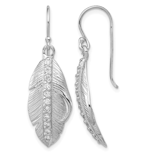 Sterling Silver RH-plated CZ Textured Feather Shepherd Hook Earrings