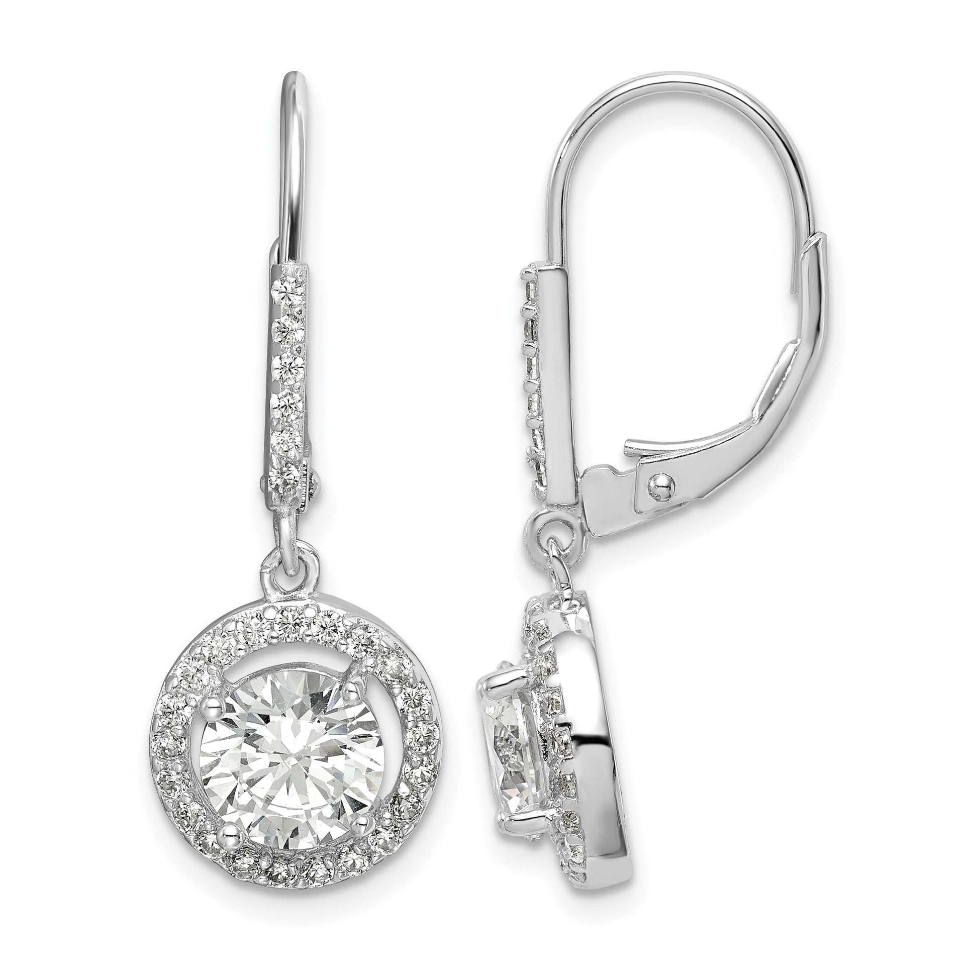 Sterling Silver Rhodium-plated Polished Leverback CZ Earrings