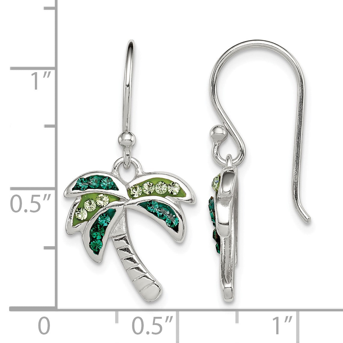 Sterling Silver Rhodium-plated Polished Green Crystal Palm Tree Earrings