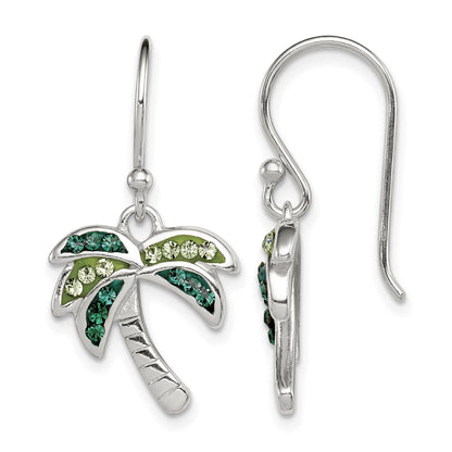 Sterling Silver Rhodium-plated Polished Green Crystal Palm Tree Earrings