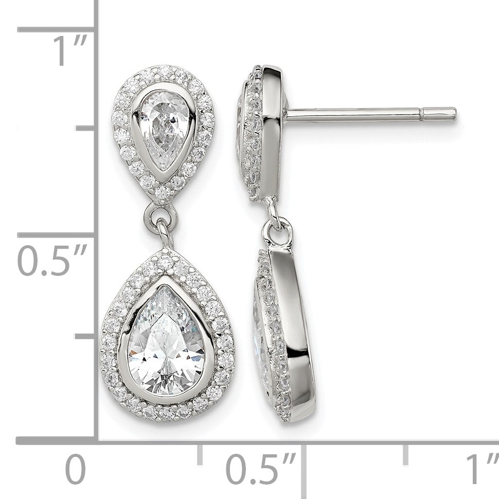Sterling Silver Rhodium-plated Polished CZ Pear Halo Post Dangle Earrings