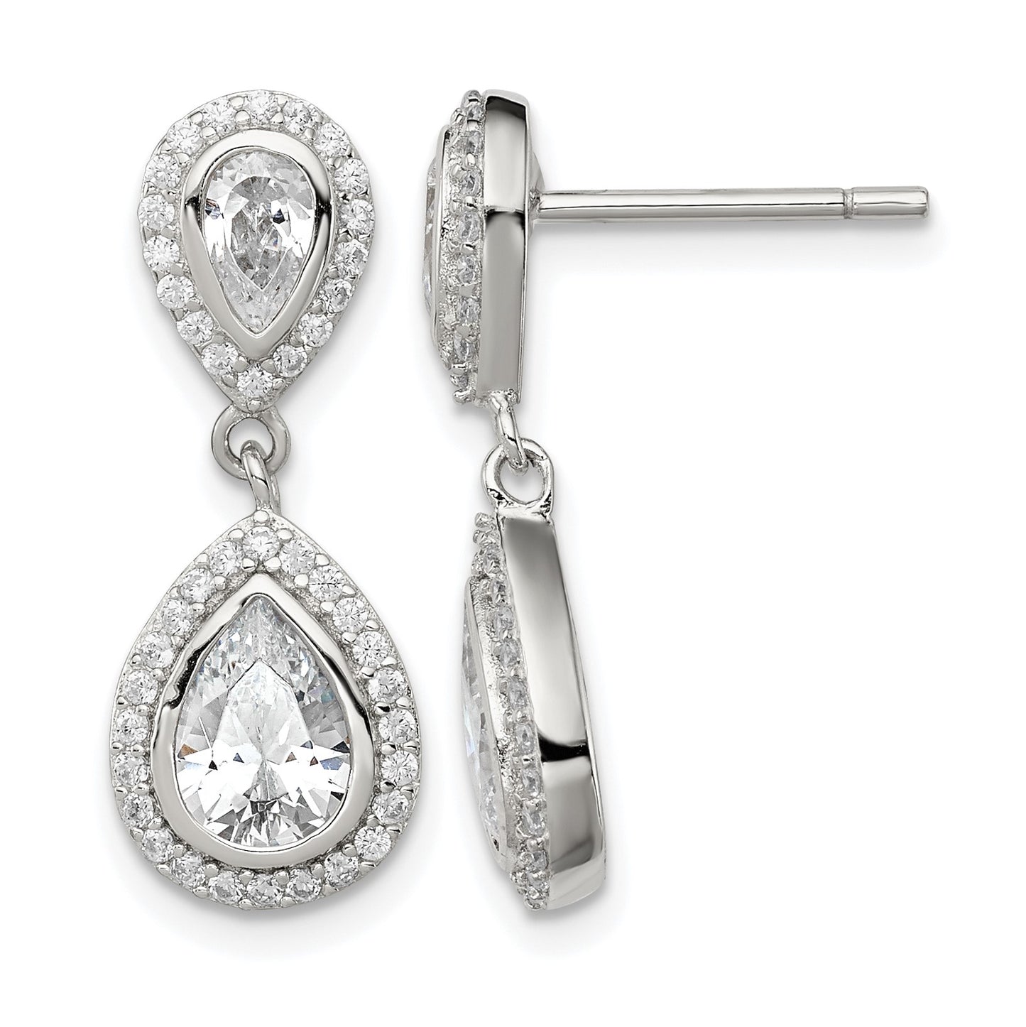 Sterling Silver Rhodium-plated Polished CZ Pear Halo Post Dangle Earrings