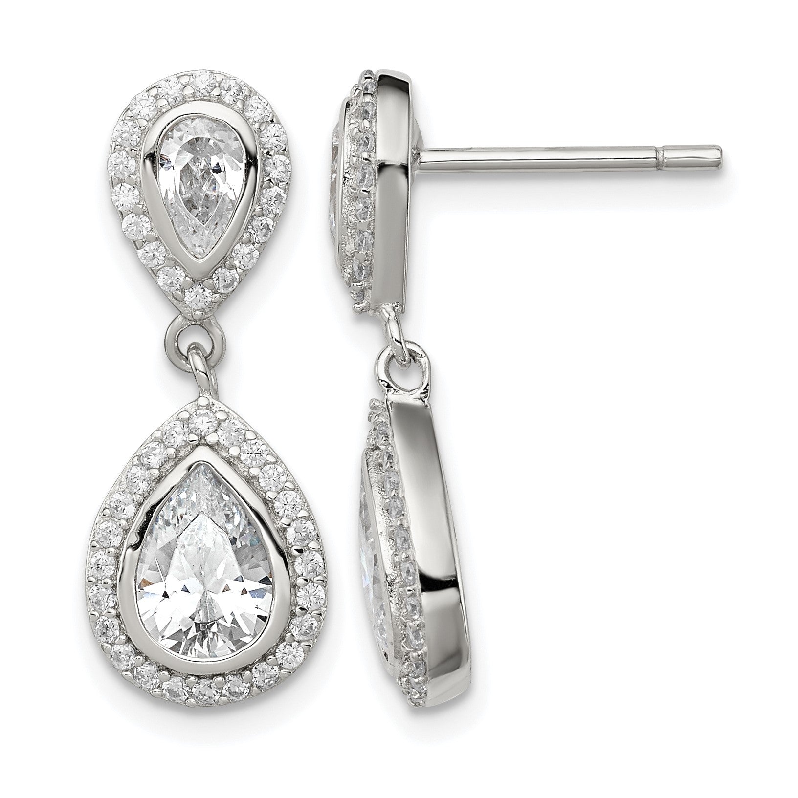 Sterling Silver Rhodium-plated Polished CZ Pear Halo Post Dangle Earrings