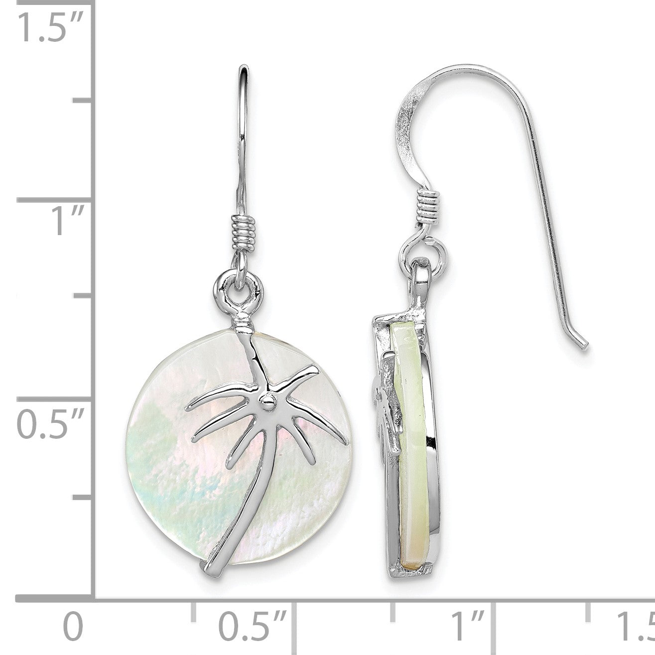 Sterling Silver Rhodium-plated Polished Round Mother of Pearl Palm Tree Earrings
