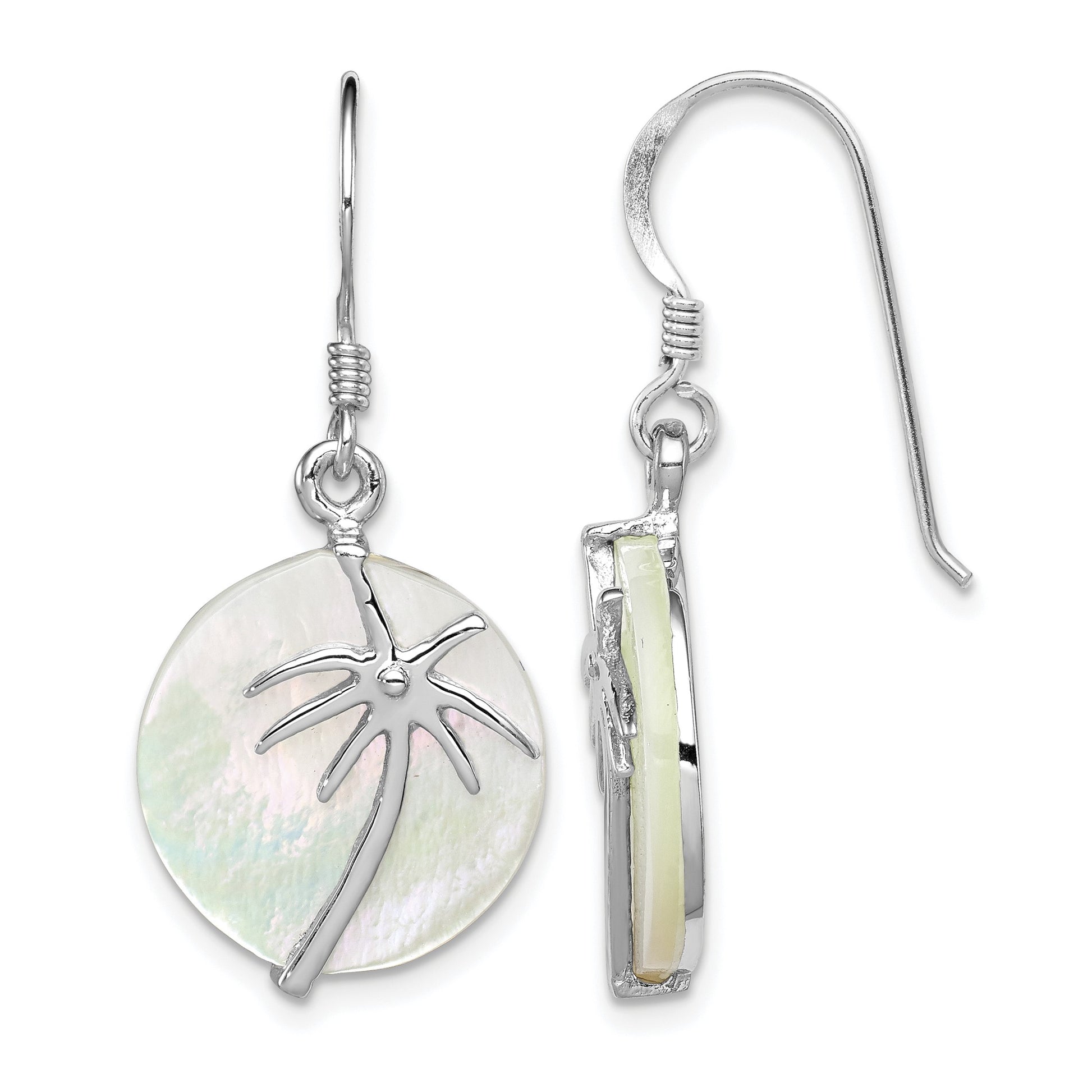 Sterling Silver Rhodium-plated Polished Round Mother of Pearl Palm Tree Earrings