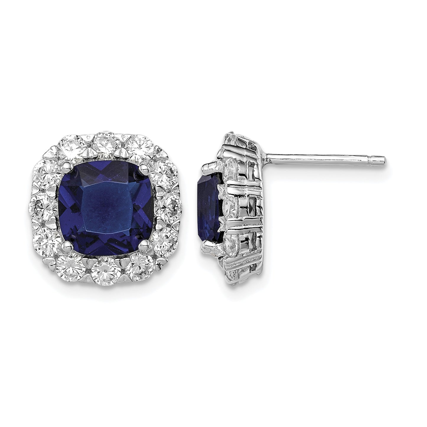 Sterling Silver Rhodium-plated Blue Glass and CZ Post Earrings
