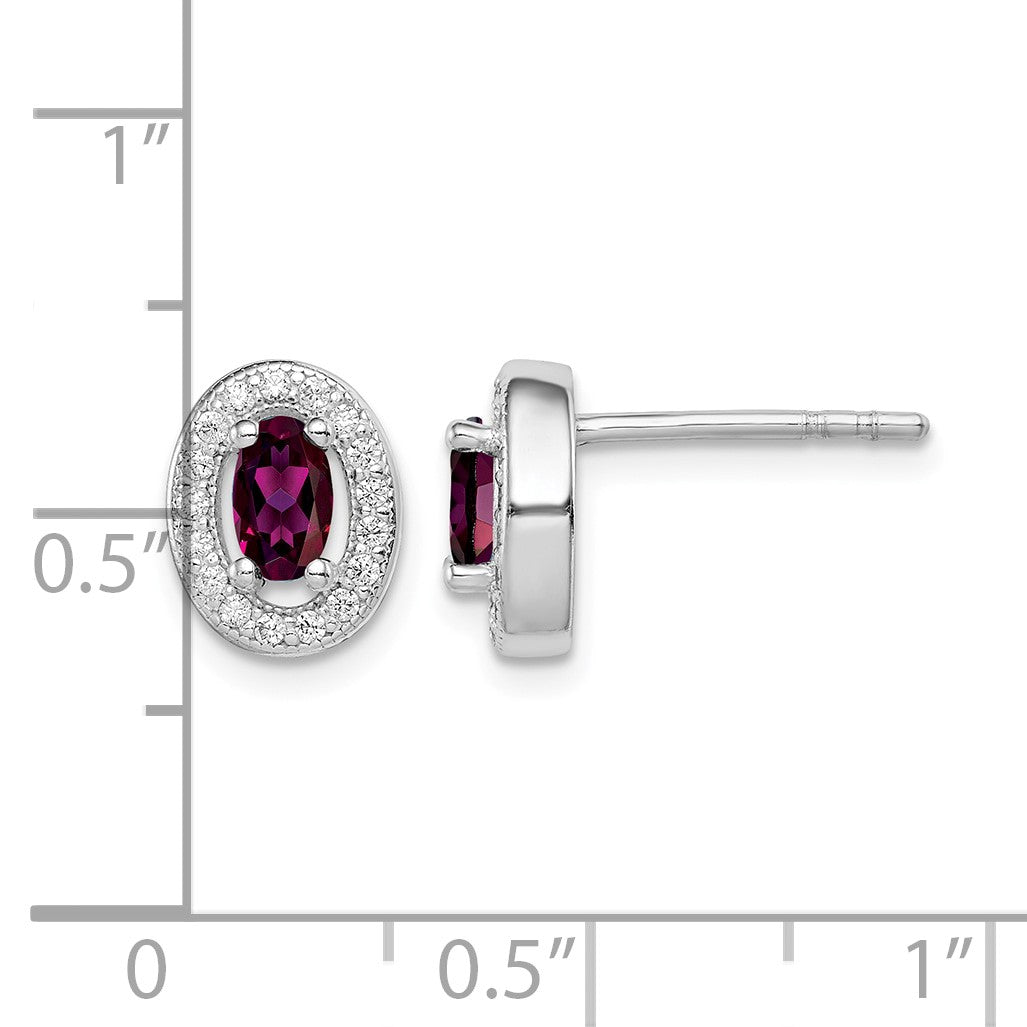 Sterling Silver Rhod Polished January Red and White CZ Oval Earrings