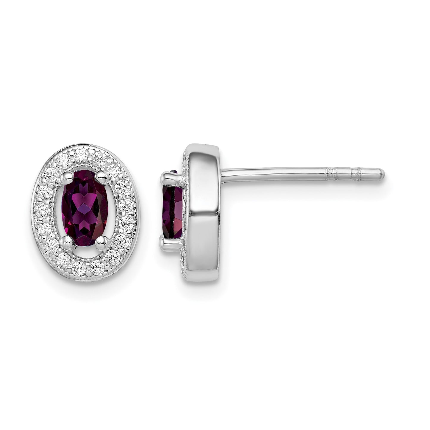 Sterling Silver Rhod Polished January Red and White CZ Oval Earrings