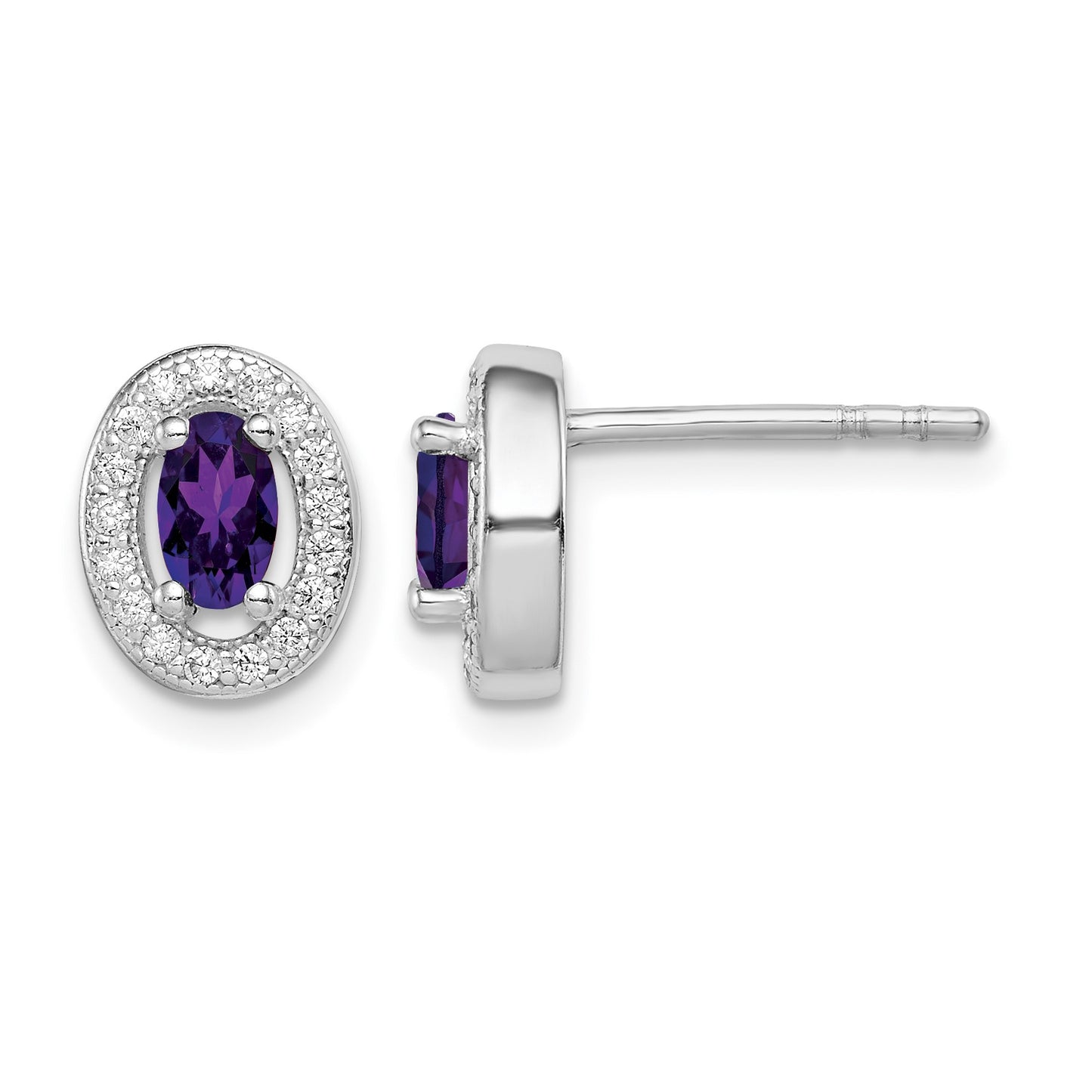 Sterling Silver Rhod-plated w/ Purple and White CZ Oval Stud Earrings