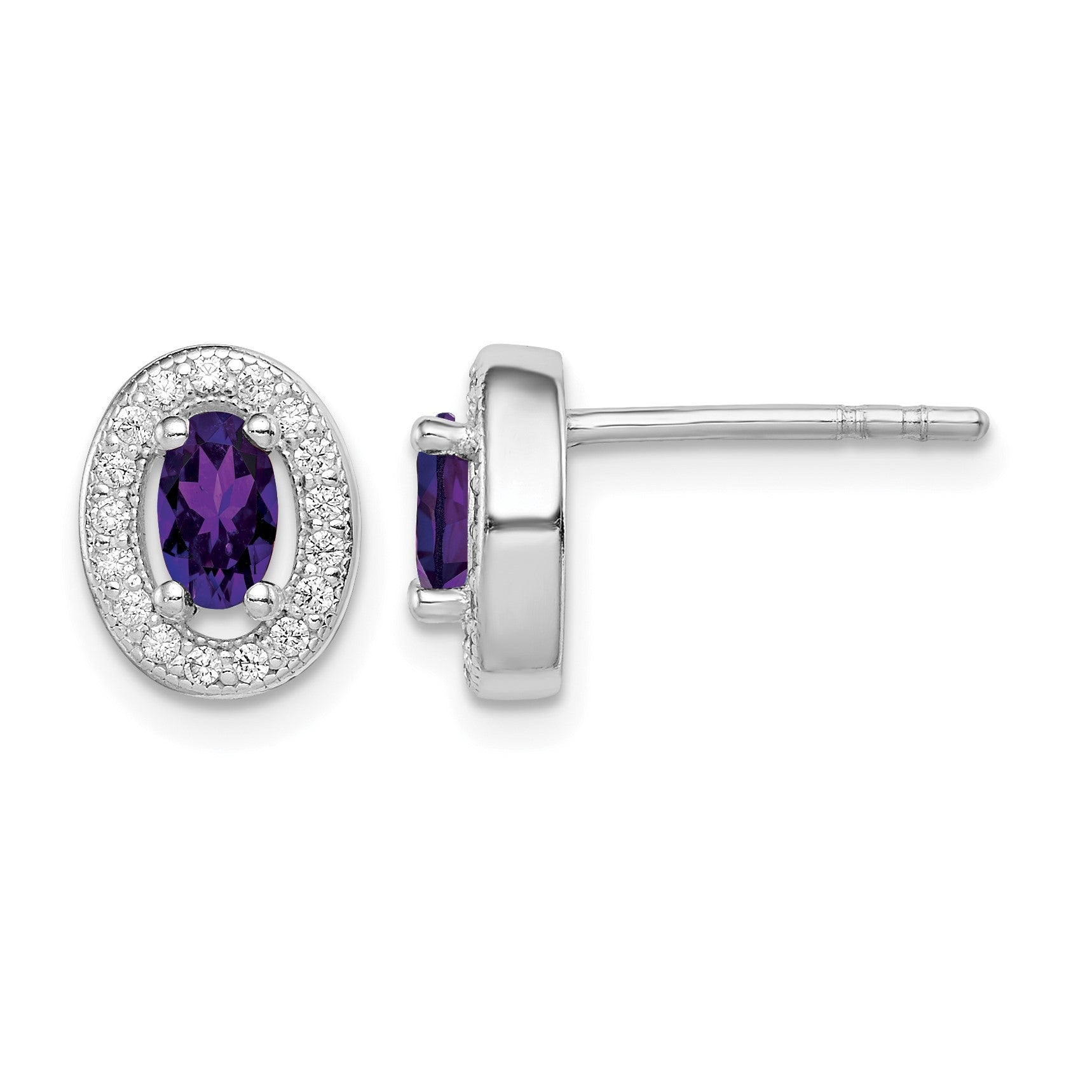 Sterling Silver Rhod-plated w/ Purple and White CZ Oval Stud Earrings