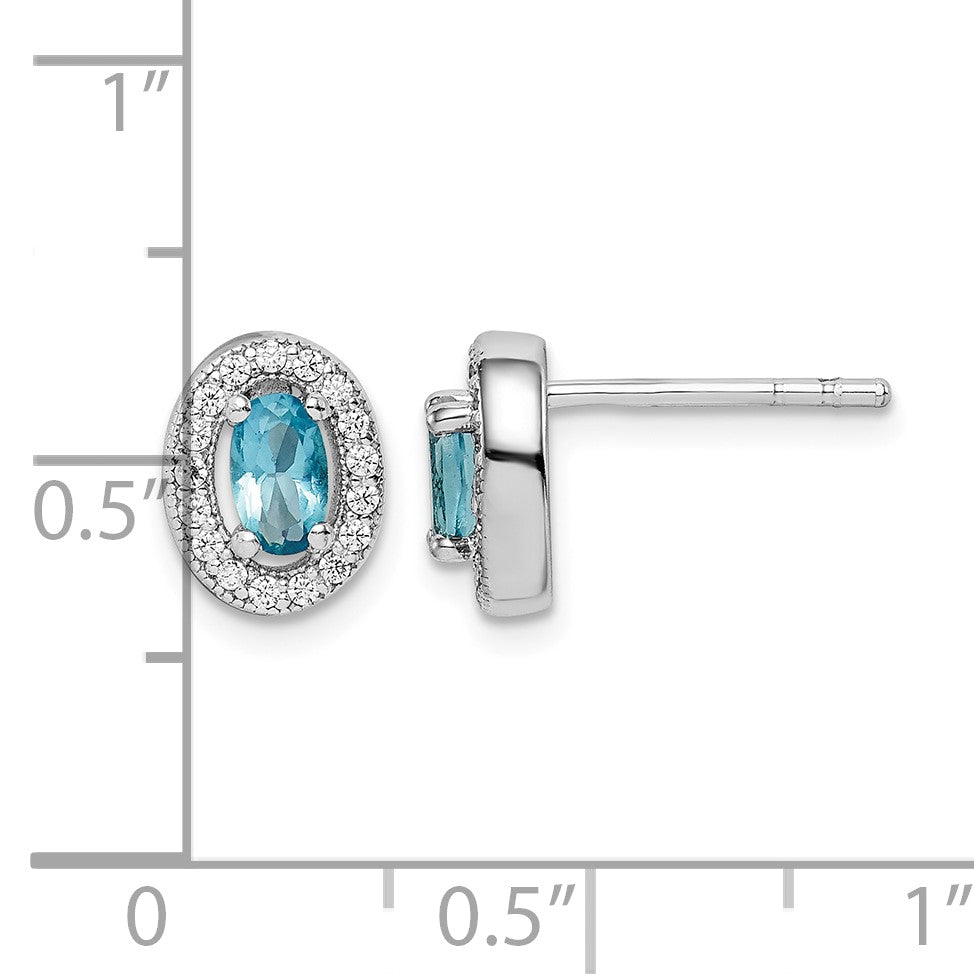 Sterling Silver Rhod-plated w/ Light Blue and White CZ Oval Earrings
