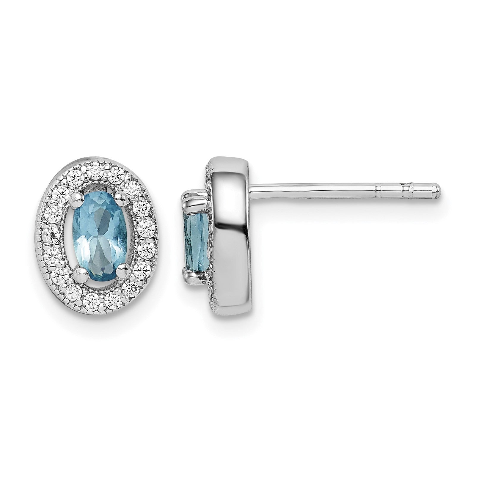 Sterling Silver Rhod-plated w/ Light Blue and White CZ Oval Earrings