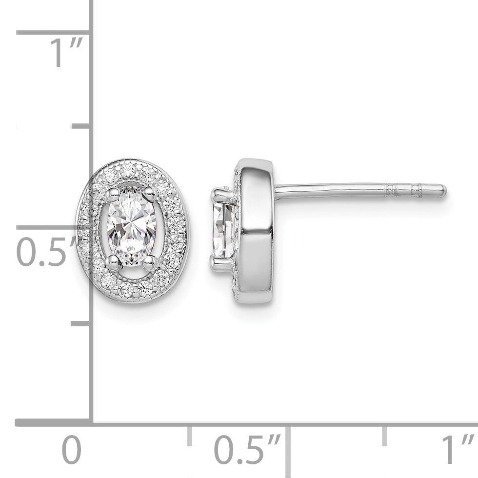 Sterling Silver Rhodium-plated w/ CZ Oval Stud Earrings