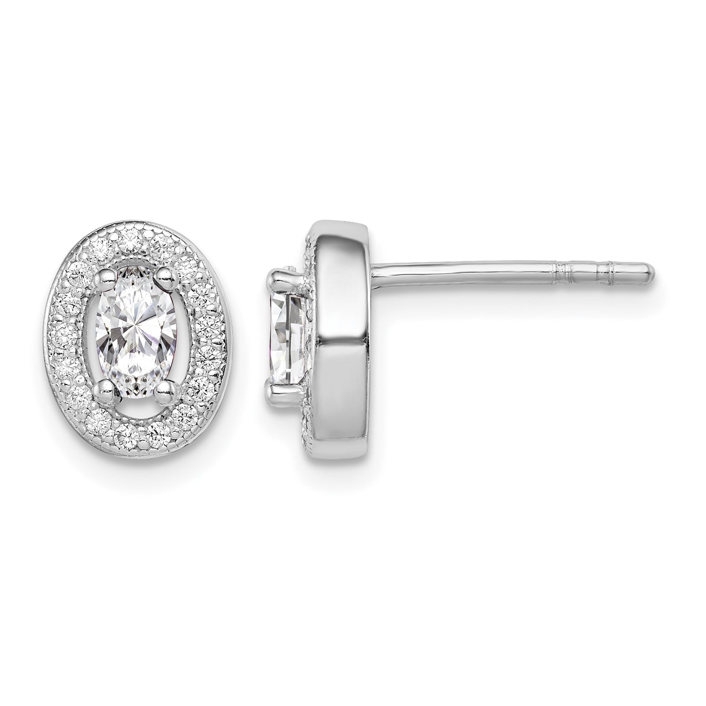 Sterling Silver Rhodium-plated w/ CZ Oval Stud Earrings