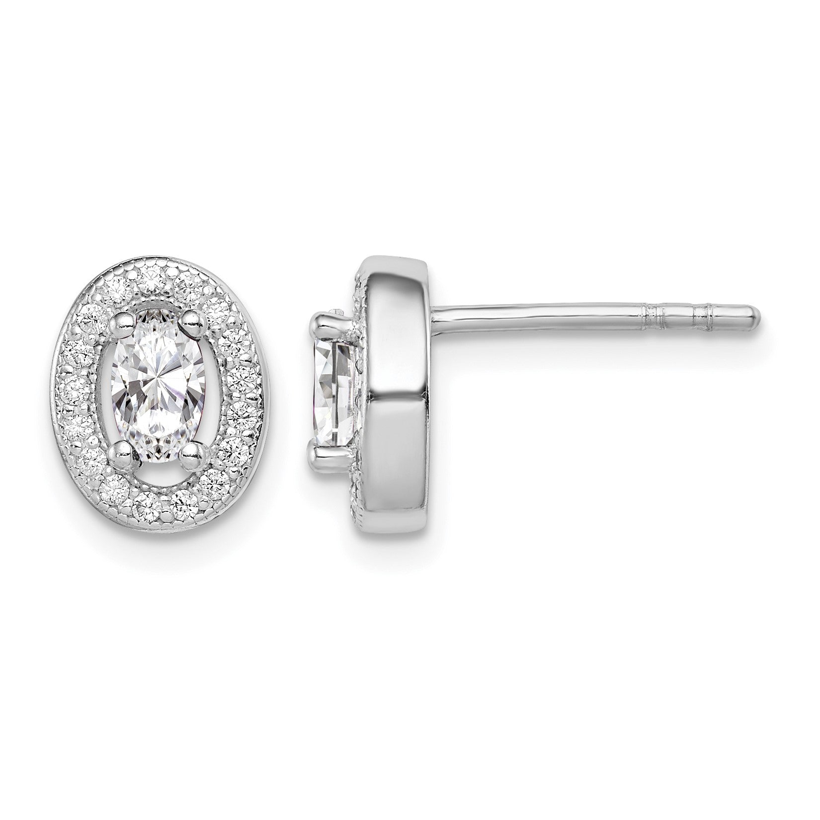 Sterling Silver Rhodium-plated w/ CZ Oval Stud Earrings