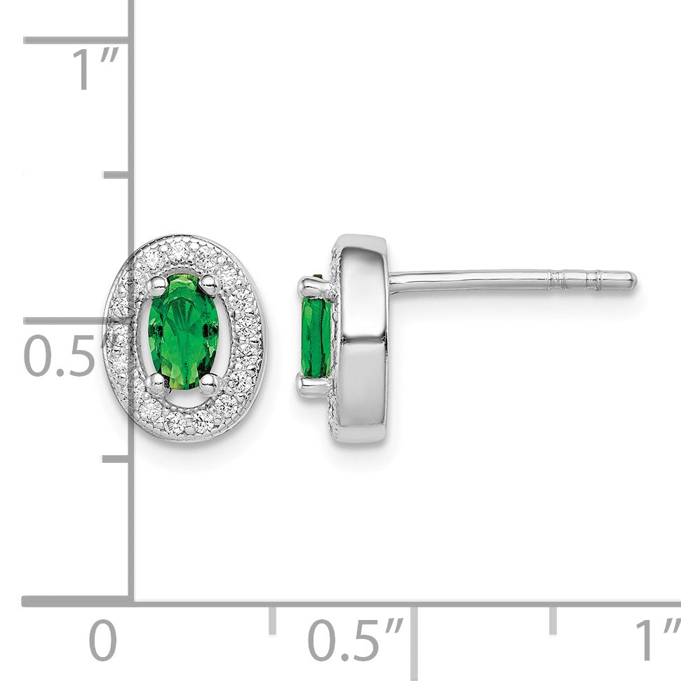 Sterling Silver Rhod-plated w/ Green and White CZ Oval Stud Earrings