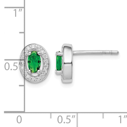 Sterling Silver Rhod-plated w/ Green and White CZ Oval Stud Earrings