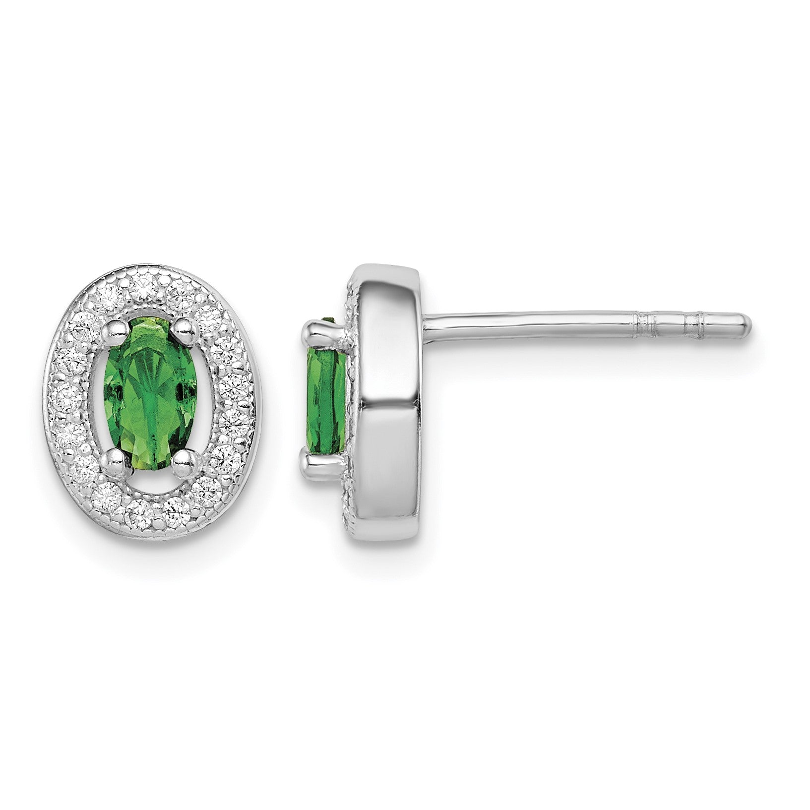 Sterling Silver Rhod-plated w/ Green and White CZ Oval Stud Earrings