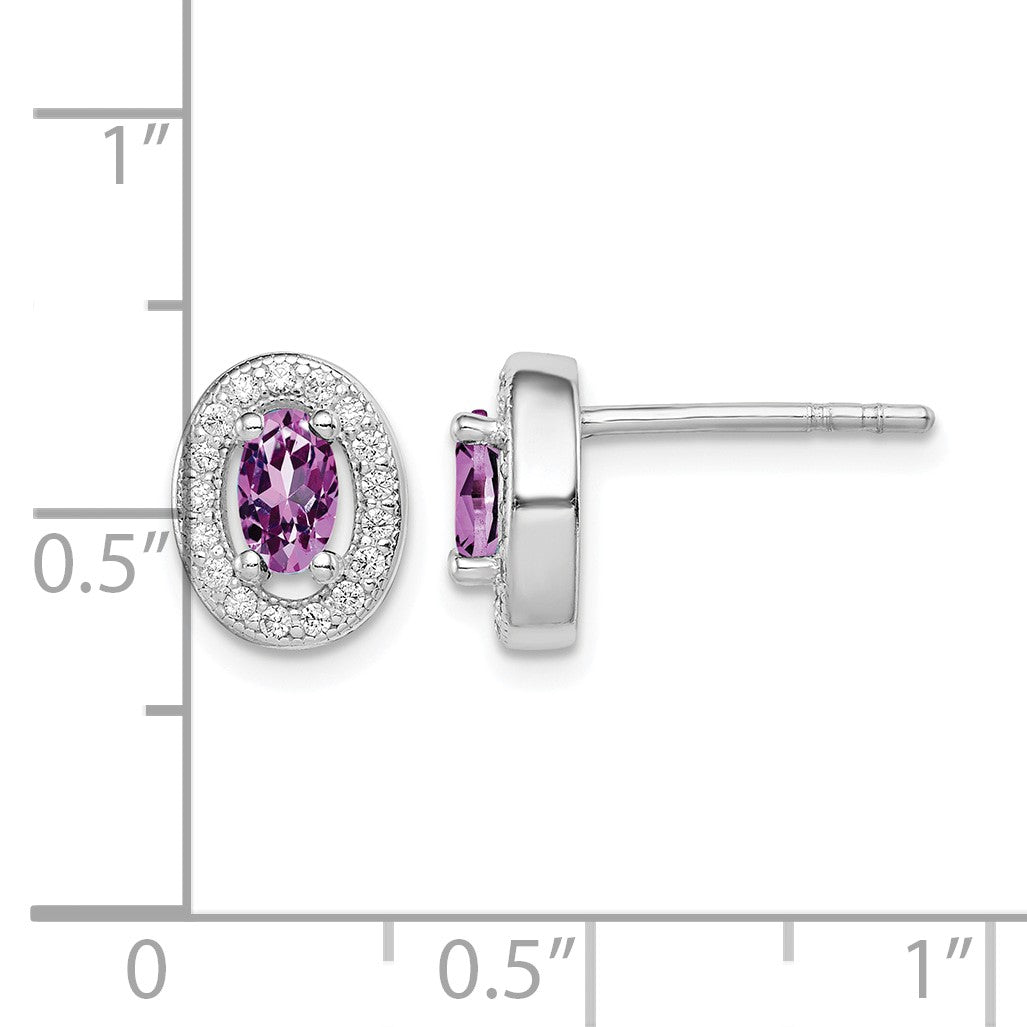 Sterling Silver Rhod-pltd June Purple and White CZ Oval Post Earrings