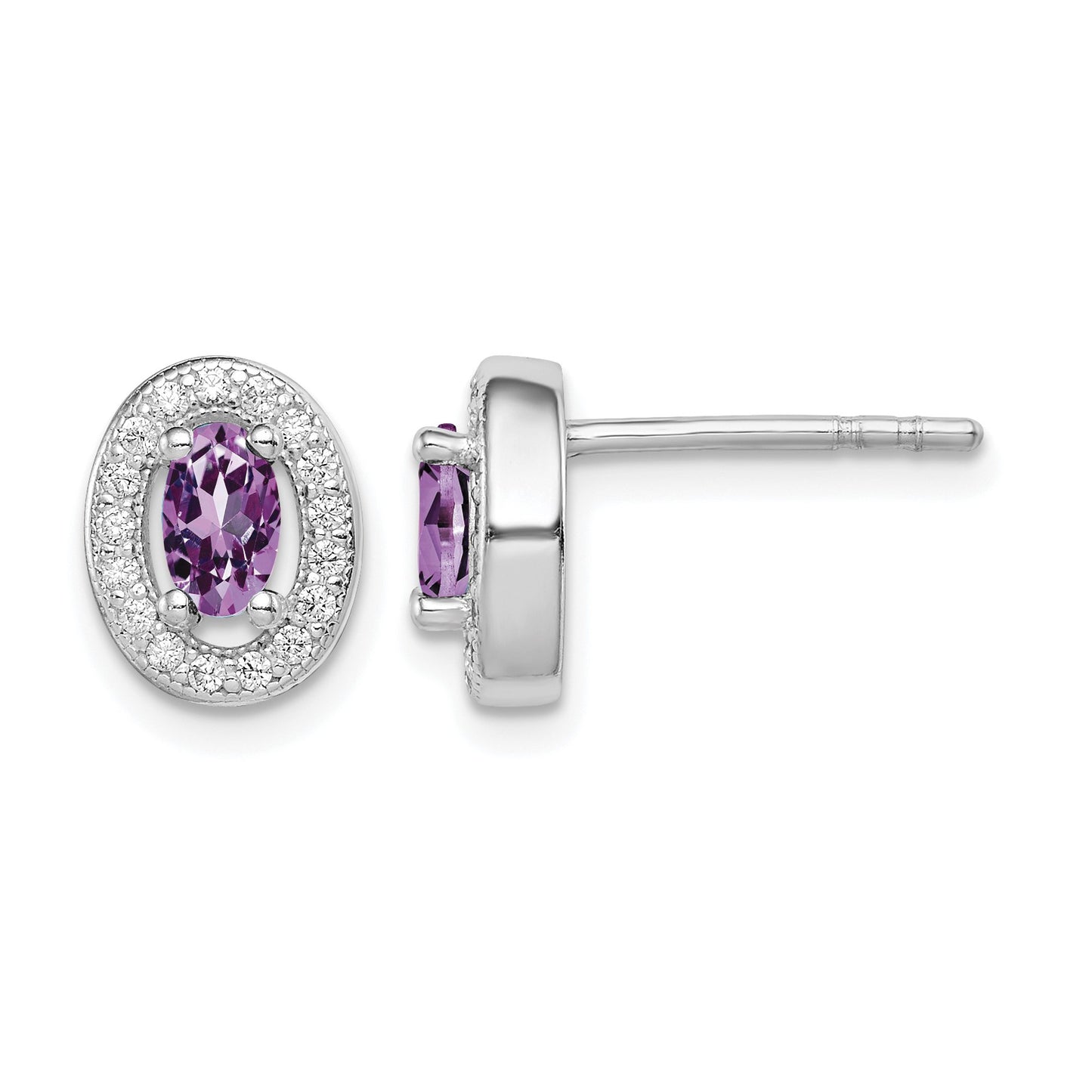 Sterling Silver Rhod-pltd June Purple and White CZ Oval Post Earrings