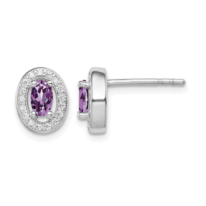 Sterling Silver Rhod-pltd June Purple and White CZ Oval Post Earrings