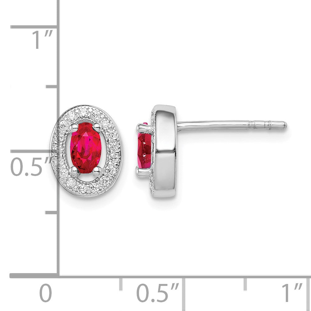 Sterling Silver Rhod-plated Red and White CZ Oval Stud Earrings
