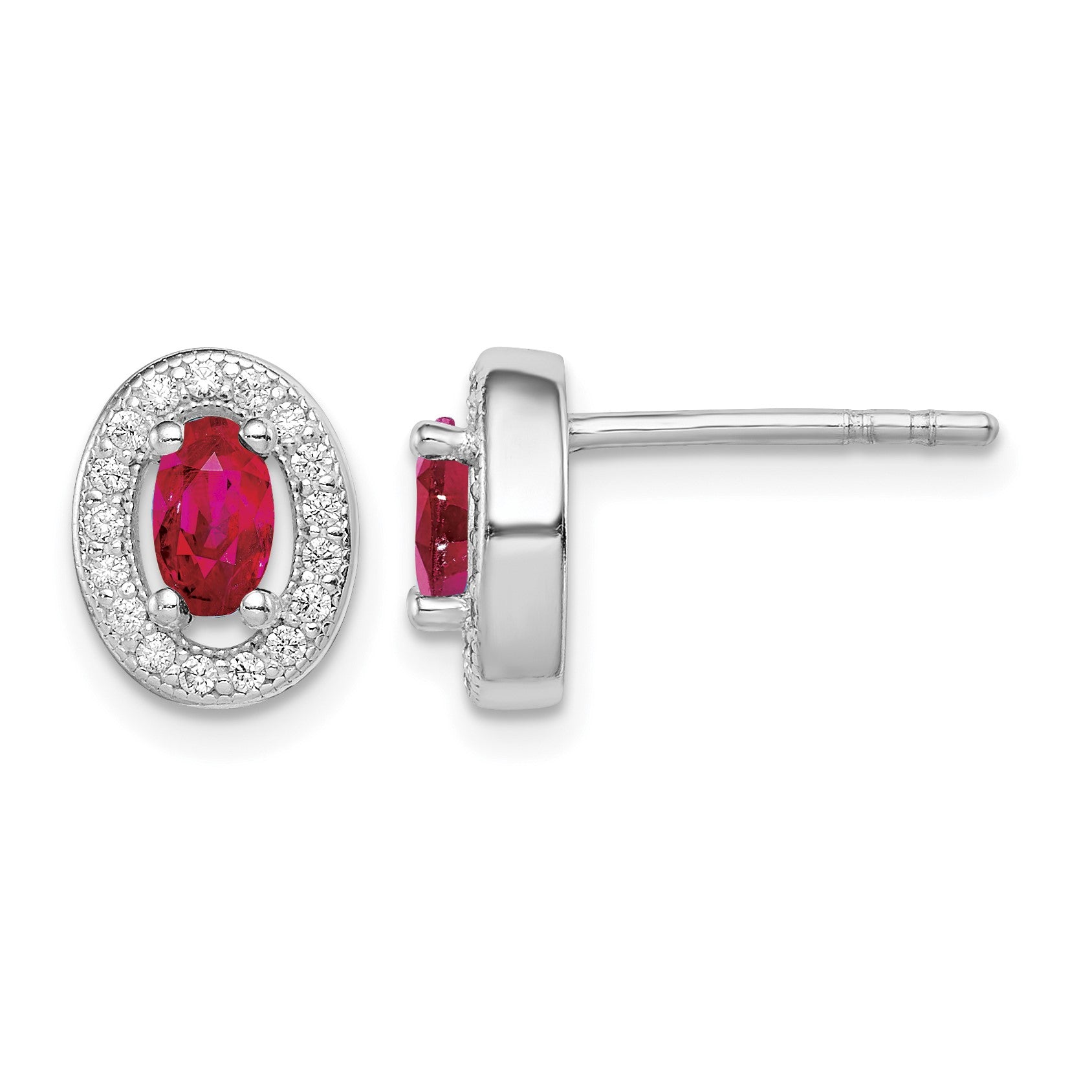 Sterling Silver Rhod-plated Red and White CZ Oval Stud Earrings