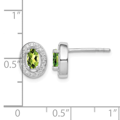 Sterling Silver Rhod-plated Light Green and White CZ Oval Stud Earrings