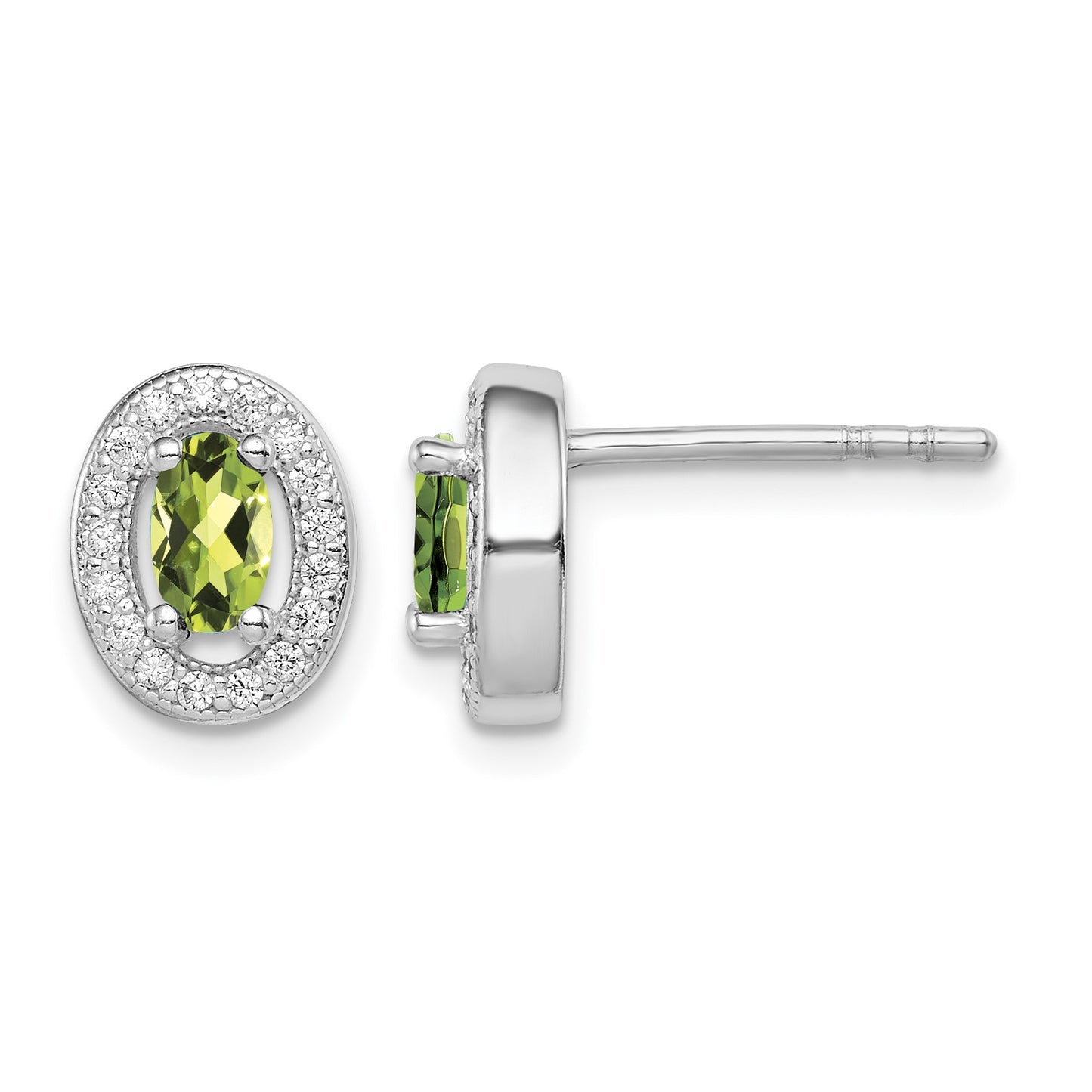 Sterling Silver Rhod-plated Light Green and White CZ Oval Stud Earrings
