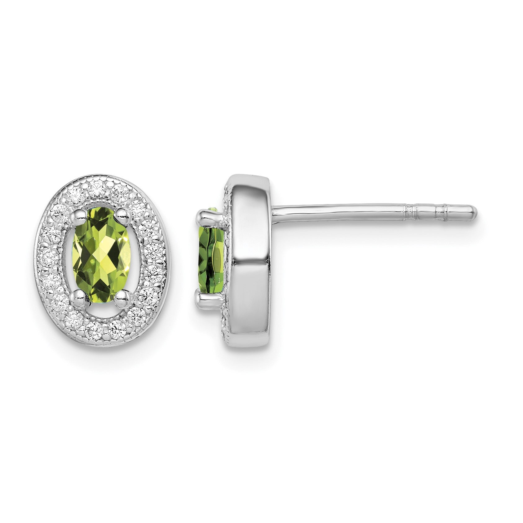 Sterling Silver Rhod-plated Light Green and White CZ Oval Stud Earrings
