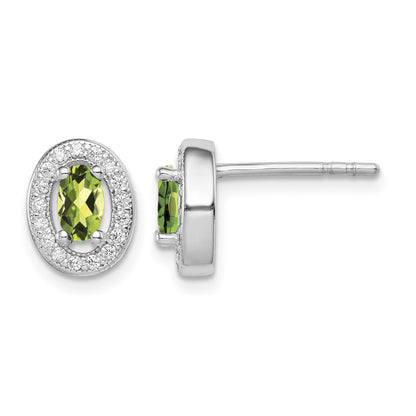Sterling Silver Rhod-plated Light Green and White CZ Oval Stud Earrings