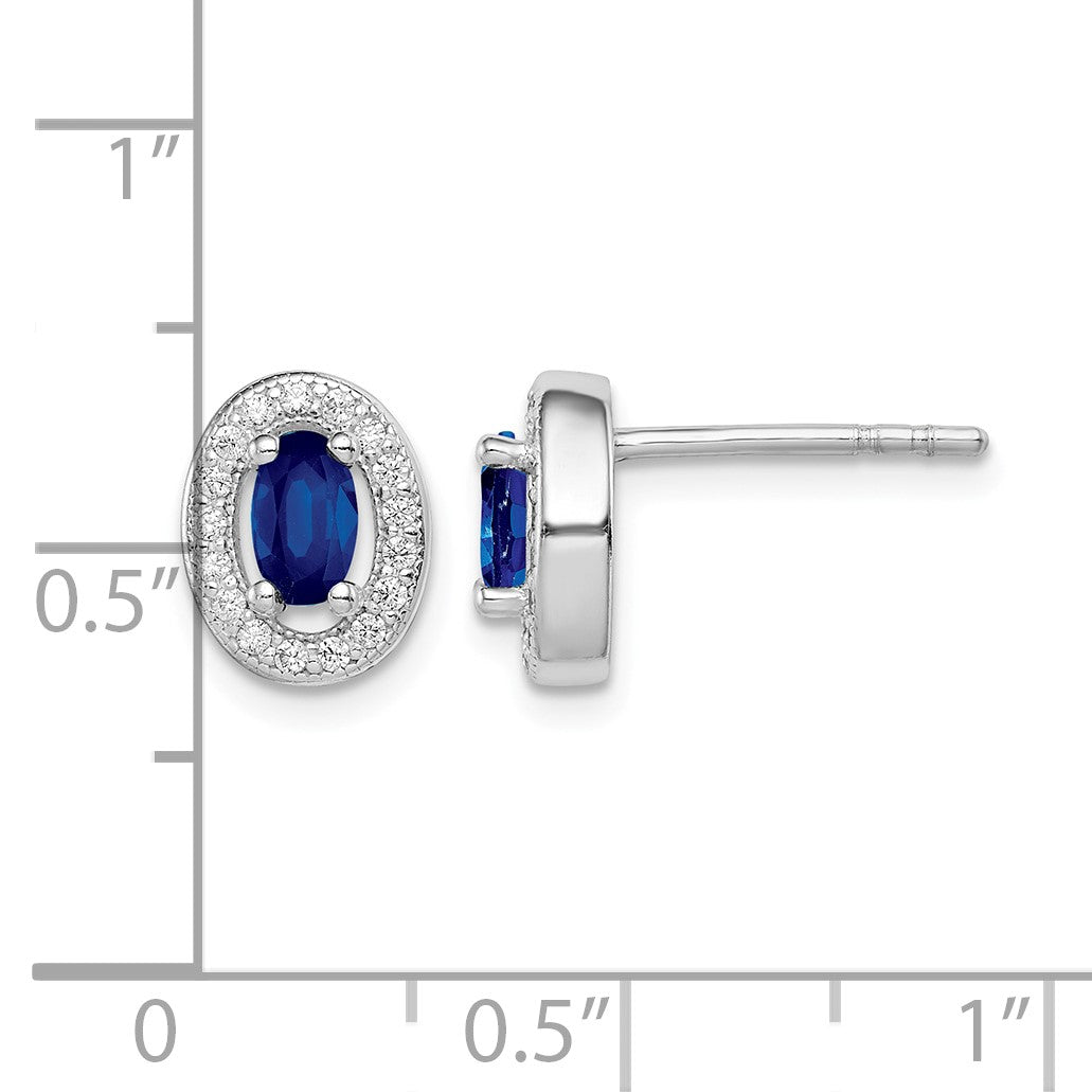 Sterling Silver Rhod-plated Blue and White CZ Oval Stud Earrings
