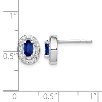 Sterling Silver Rhod-plated Blue and White CZ Oval Stud Earrings