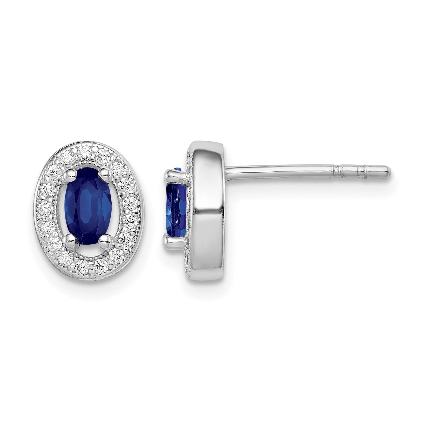 Sterling Silver Rhod-plated Blue and White CZ Oval Stud Earrings