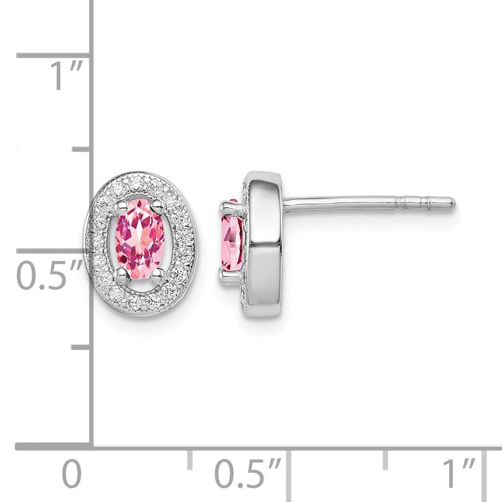 Sterling Silver Rhod-plated Pink and White CZ Oval Stud Earrings