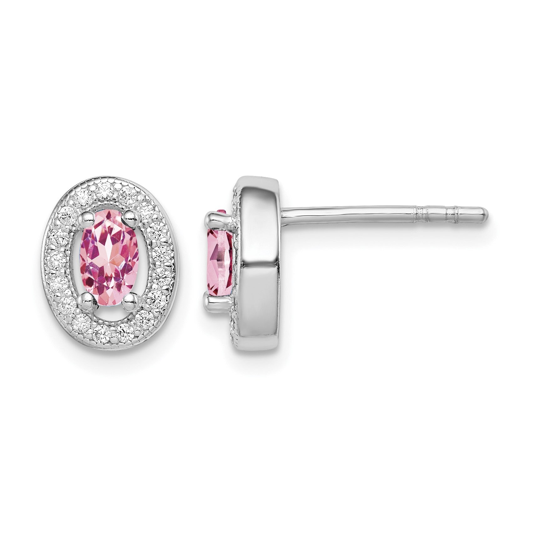 Sterling Silver Rhod-plated Pink and White CZ Oval Stud Earrings