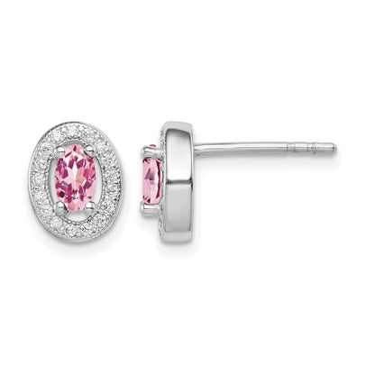Sterling Silver Rhod-plated Pink and White CZ Oval Stud Earrings