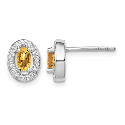 Sterling Silver Rhod-plated Yellow and White CZ Oval Stud Earrings