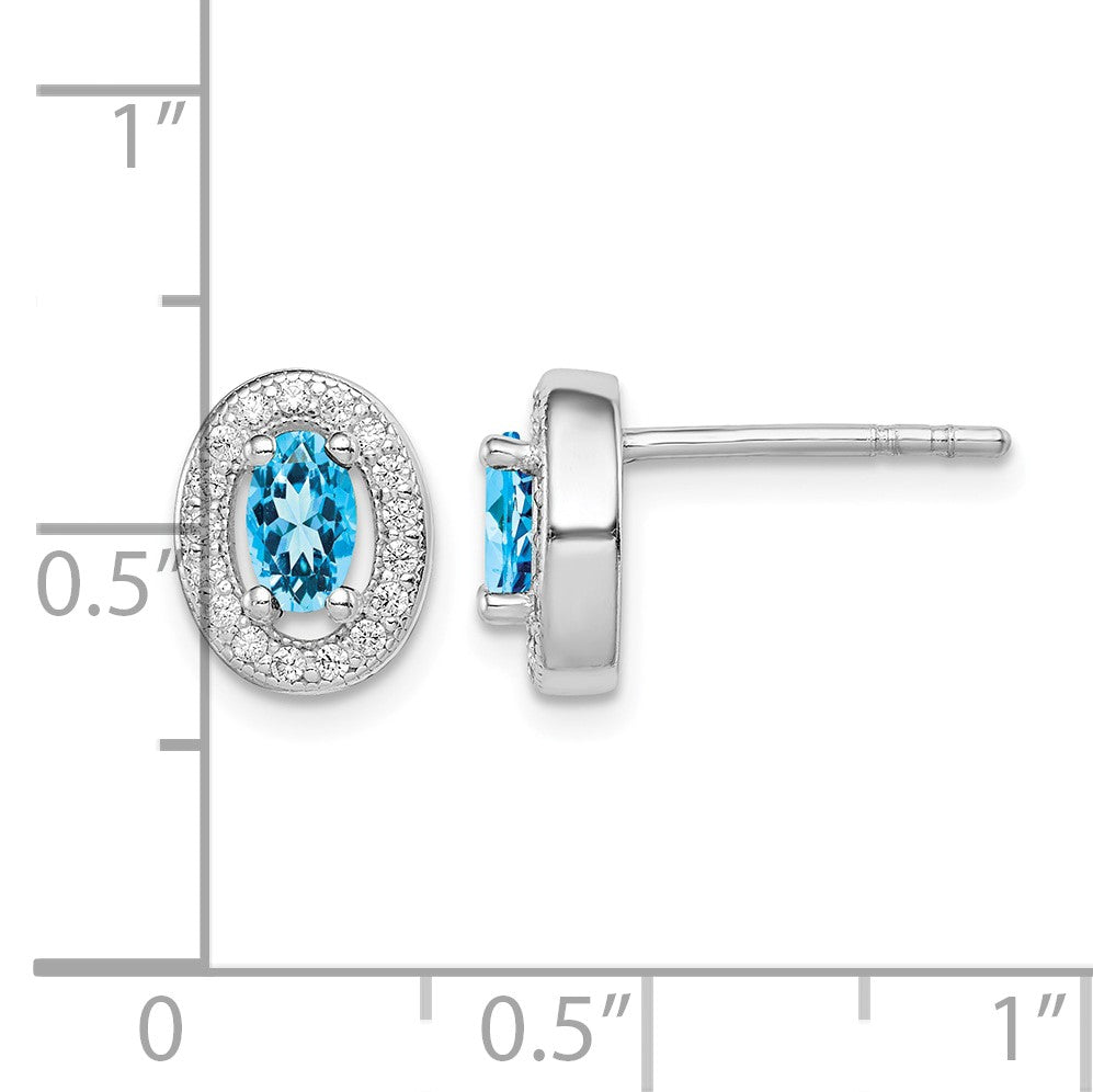 Sterling Silver Rhod-plated Blue and White CZ Oval Stud Earrings