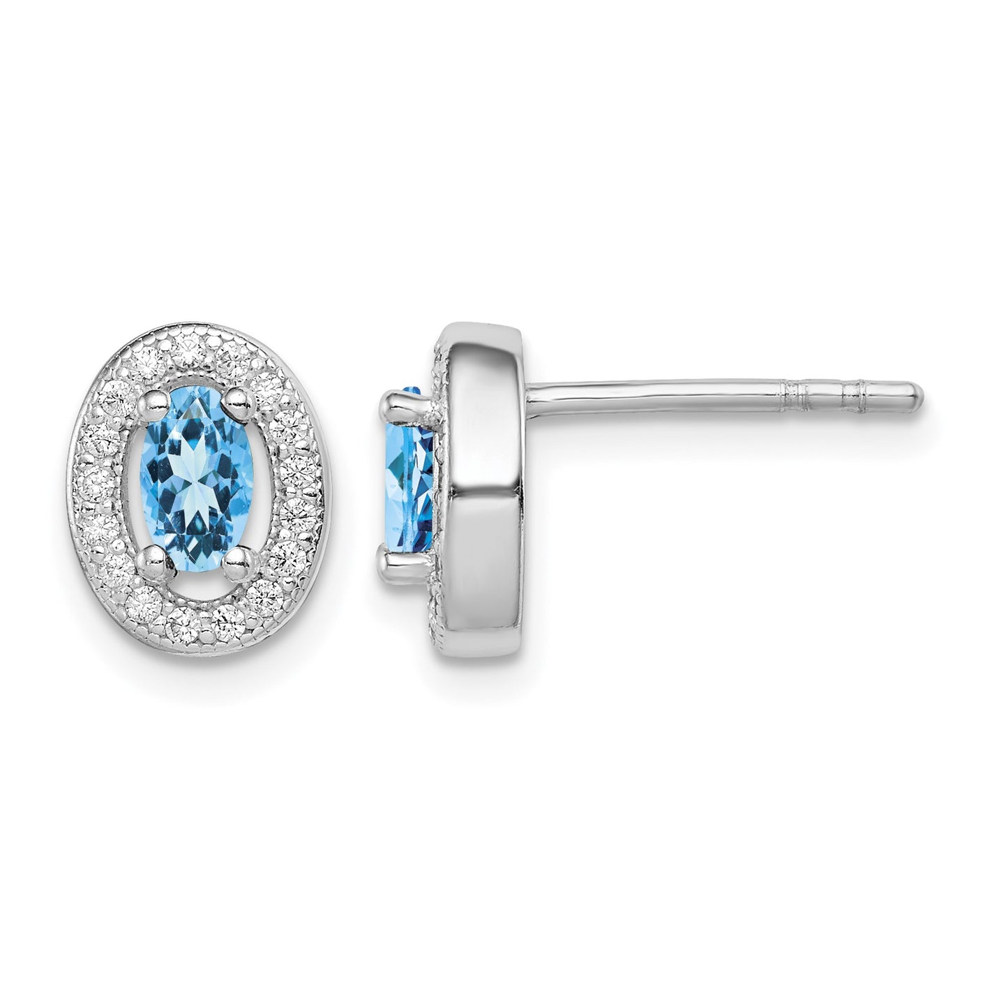 Sterling Silver Rhod-plated Blue and White CZ Oval Stud Earrings