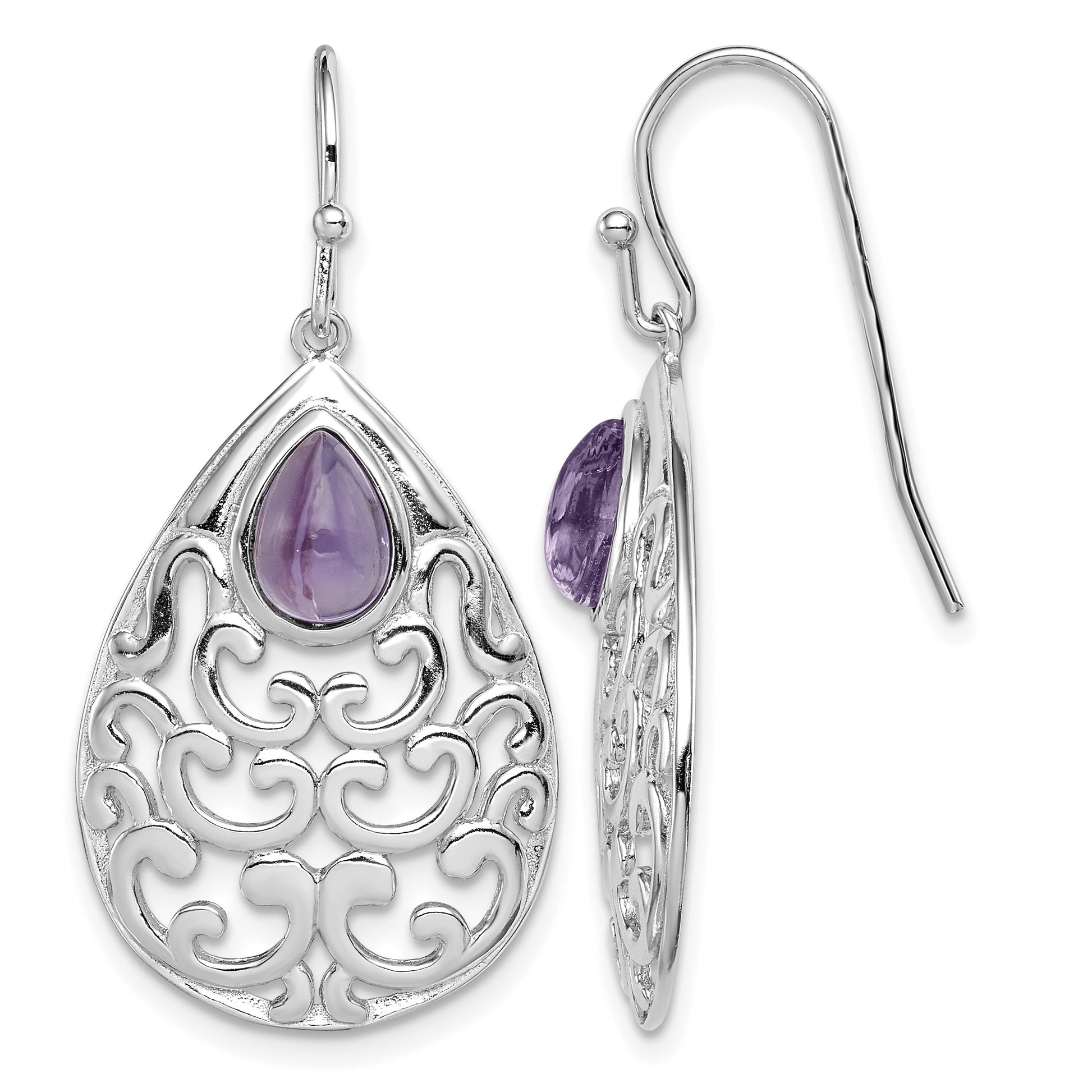 Sterling Silver Rhodium-plated Amethyst Teardrop Shepherd Hook Earrings